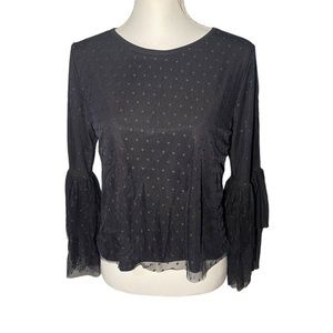Pebble & Stone Women's Small Black Sheer Net Overlay Blouse‎ Polka Dot Fluted